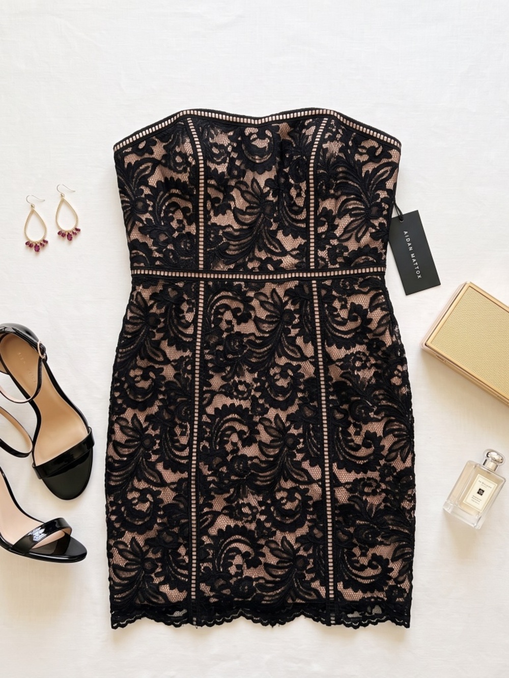 Aidan Mattox Black Nude Floral Lace Strapless Sheath Cocktail Dress 12 NWT